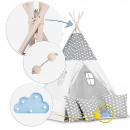 Namiot tipi dla dzieci z girlandą i światełkami - jasno szare w chmurki 