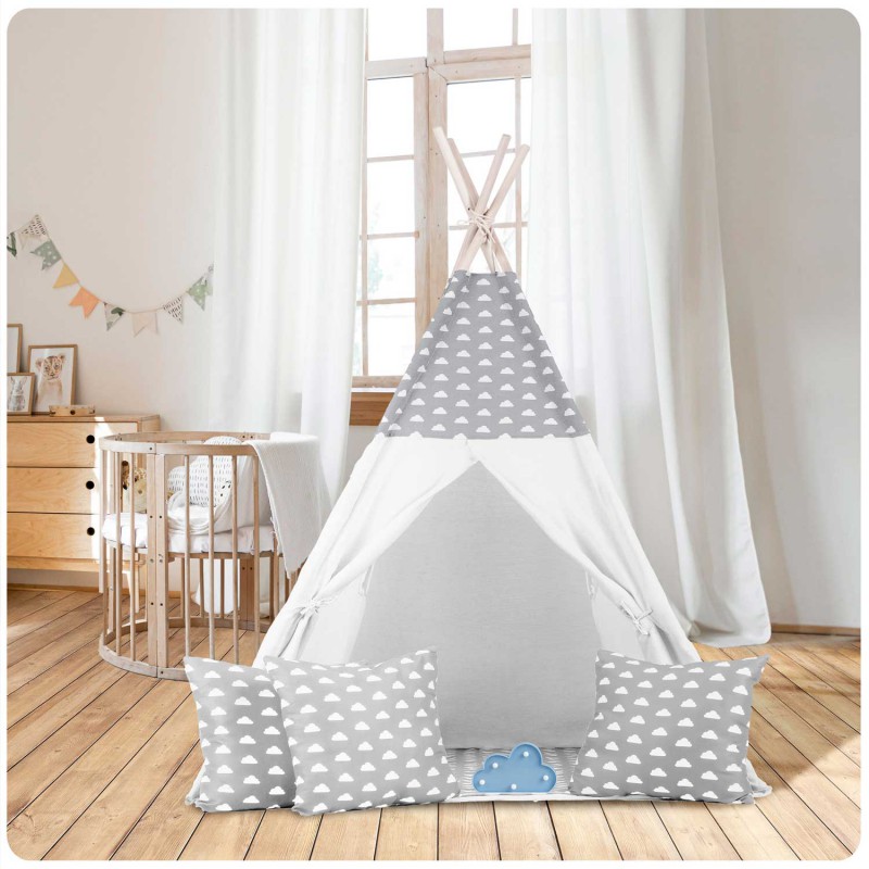 Namiot tipi dla dzieci z girlandą i światełkami - jasno szare w chmurki