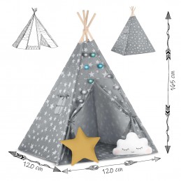 Namiot tipi dla dzieci ze światełkami Nukido - szary w gwiazdki 