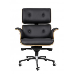 Fotel biurowy LOUNGE BUSINESS czarny - sklejka orzech, skóra naturalna, stal polerowana