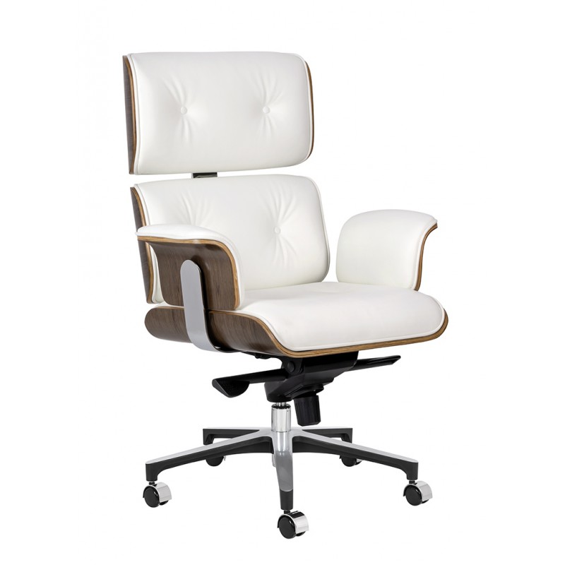 Fotel biurowy LOUNGE BUSINESS biały - sklejka orzech,włoska skóra naturalna, stal polerowana