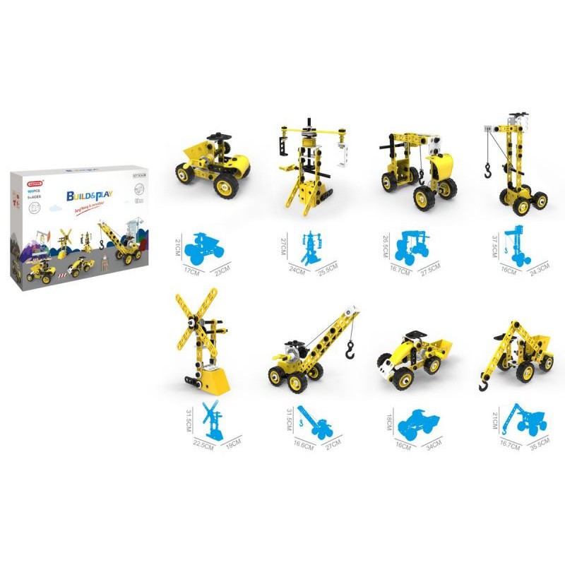 Klocki Konstrukcyjne 100 El. Maszyny, Pojazdy Budowlane, Dźwig, Wiatrak, Ciężarówka Do Rozkręcania I Skręcania 8w1