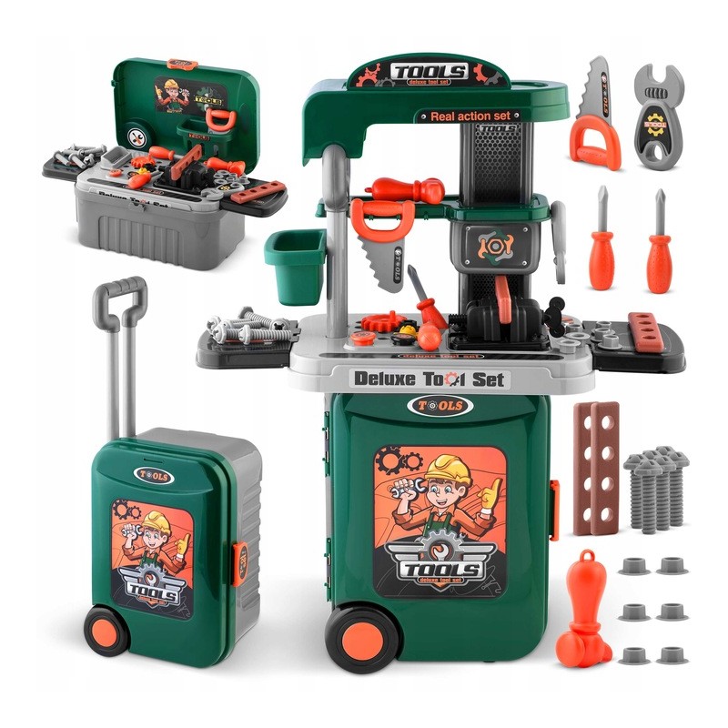Warsztat z narzędziami / walizka na kółkach dla dzieci zielony