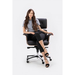 Fotel biurowy LOUNGE BUSINESS czarny - sklejka orzech, skóra naturalna, stal polerowana