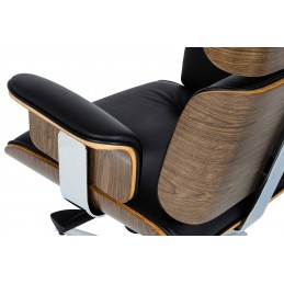 Fotel biurowy LOUNGE BUSINESS czarny z podnóżkiem - sklejka orzech, skóra naturalna, stal polerowana